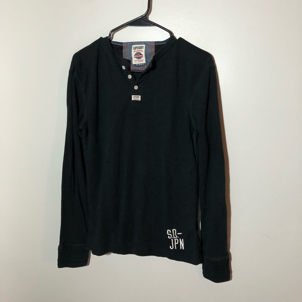 Superdry men black Henley long sleeve cotton shirt Japan S streetwear athleisure